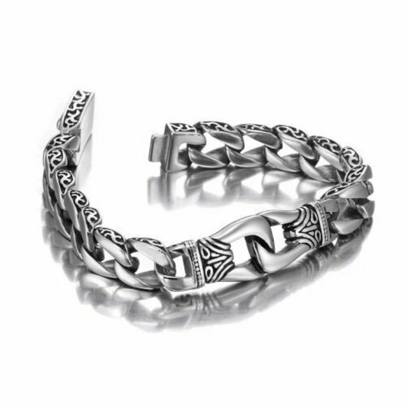9" Inch Unisex or Men's Stainless Steel Bracelet. Silver & Black Duo Tone Style. - Picture 4 of 5